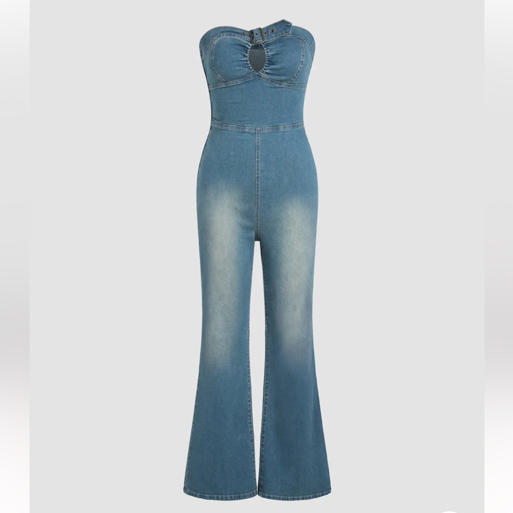 Denim Strapless Cut Out Flared Jumpsuit